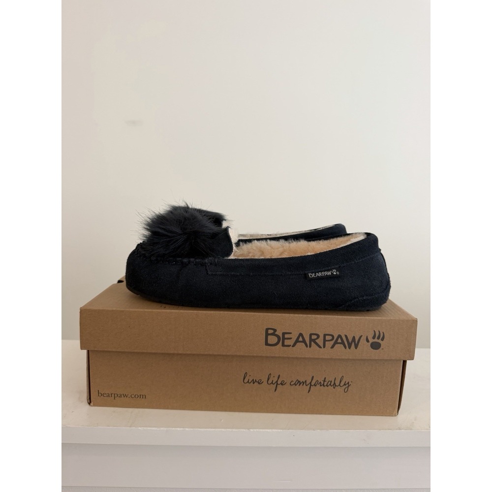 BEARPAW Women's Size 9 Black Pom Pom Moccasin Slippers Faux Fur Lined w/ Box